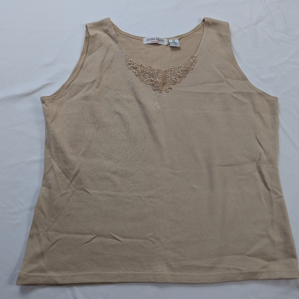 Extra Touch Tan Tank Top with Embroidered Detail